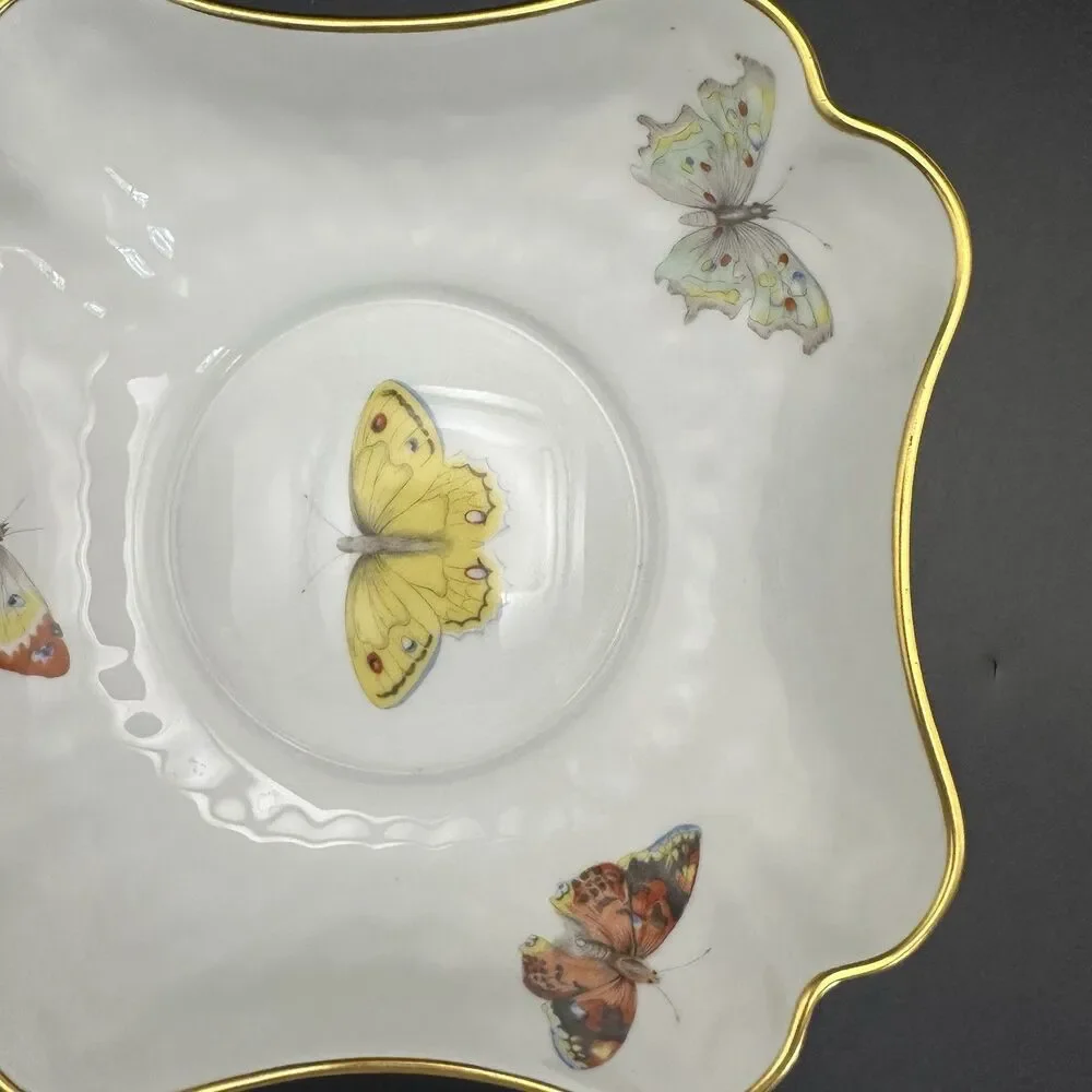 Antique L Bernardaud Limoges Butterfly Porcelain Bowls Pair Gold Gilt France